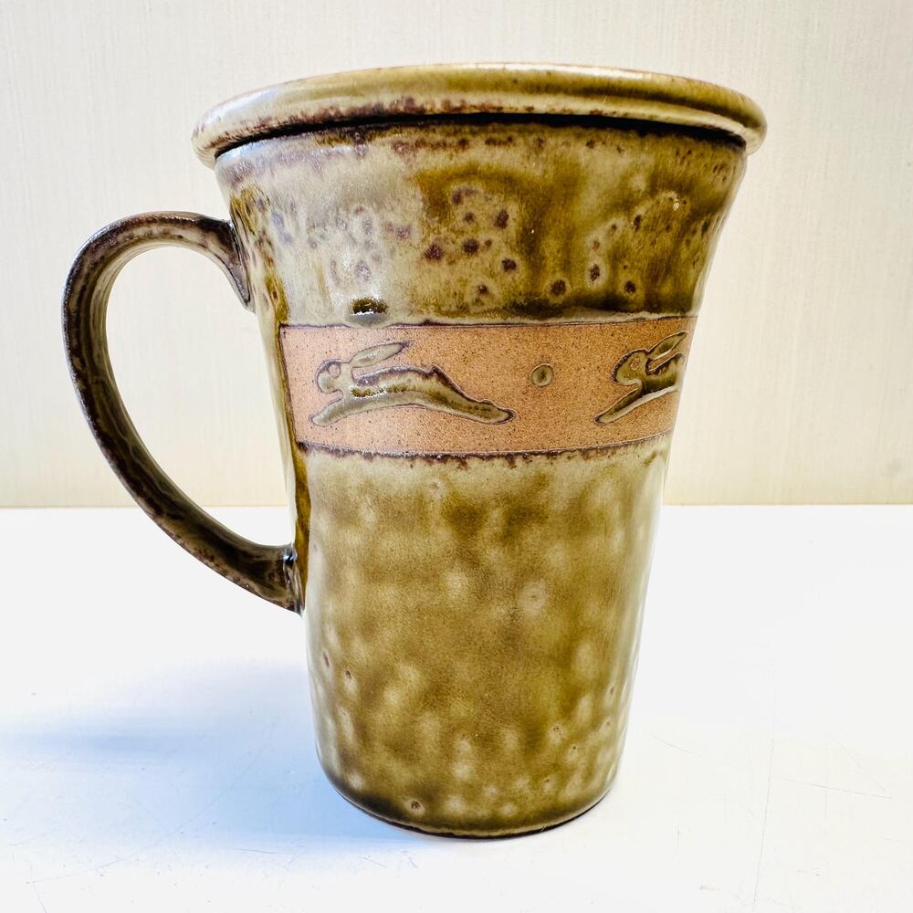 Vintage Stoneware Coffee Tea Mug Lid Texture Olive Green Glaze Bunny Rabbit Hare